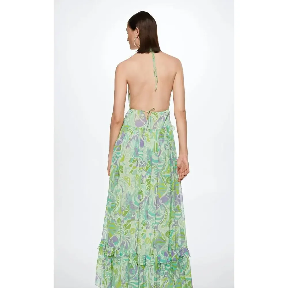 Mango Maxi Dress Chiffon Printed Ruffle Resort Boho Green A Line Medium NWT - Picture 7 of 16